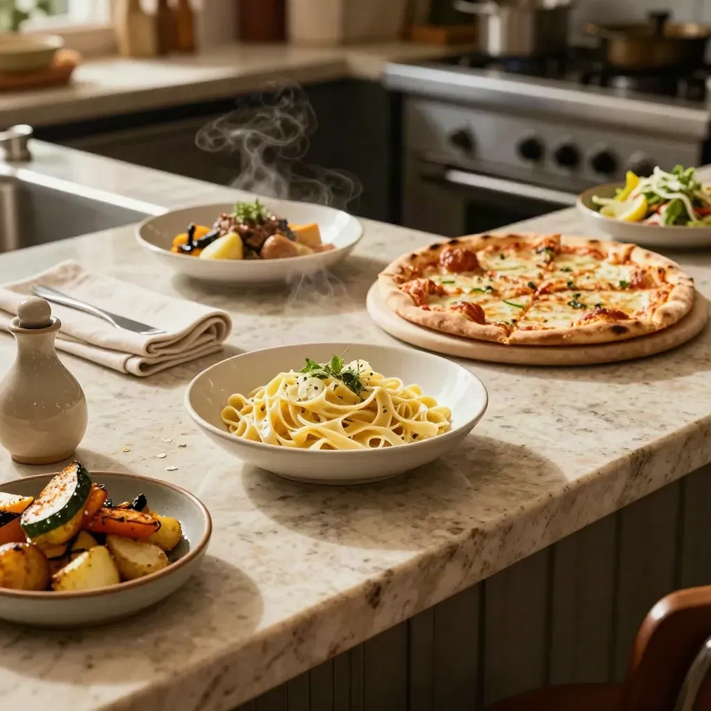 Piatti pronti su pietra chiara: pasta, pizza al taglio e contorni in luce calda.