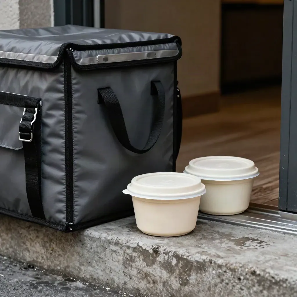 Borsa termica, bauletto scooter e contenitori chiusi su una soglia urbana bagnata.