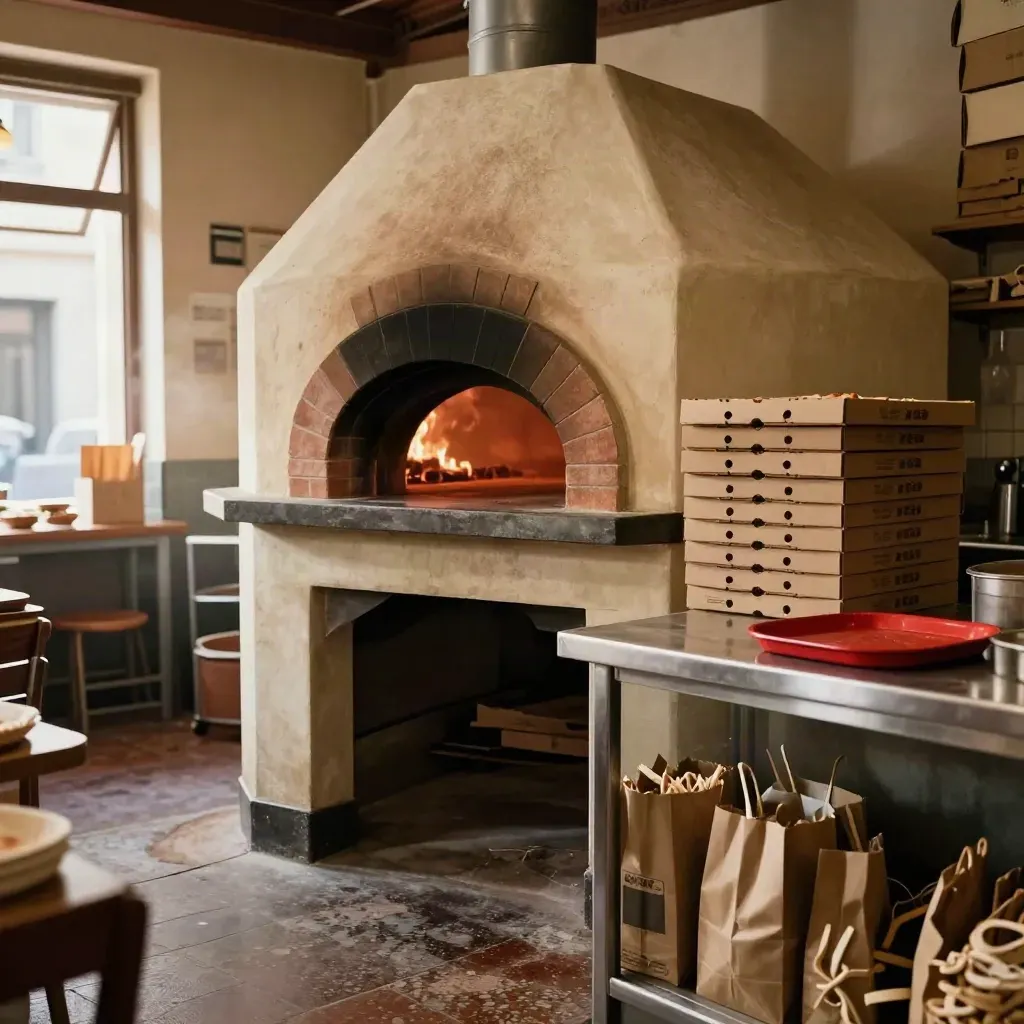 Pizzeria romana vuota con forno acceso, scatole pizza e banco ordini illuminato