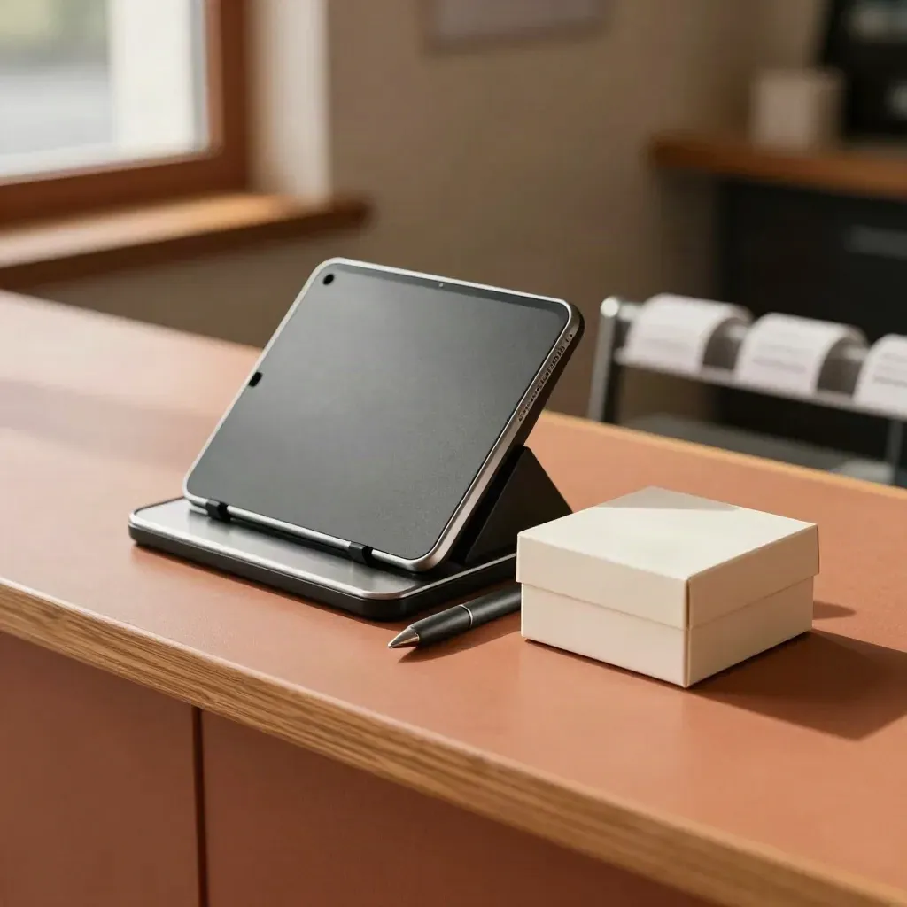 Postazione account con terminale contactless, tablet chiuso, penna e box campione su banco terracotta.
