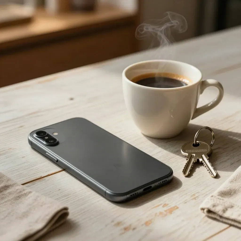 Smartphone, tazzina di espresso e chiavi su legno chiaro, luce calda e silenziosa.