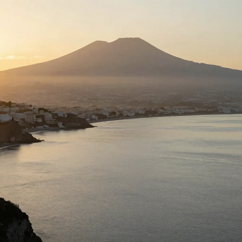 Il Golfo di Napoli al tramonto con il Vesuvio alto e il mare calmo sotto.