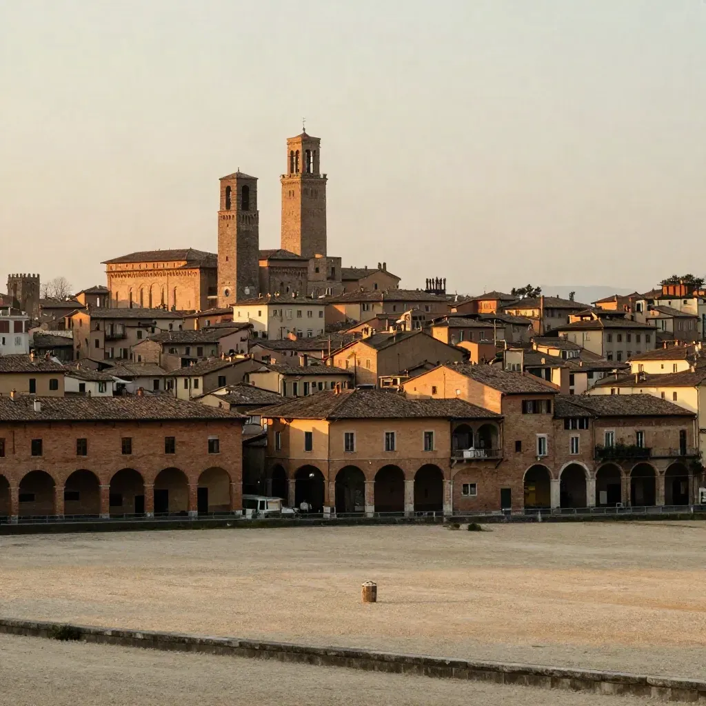 Skyline di Bologna al tramonto con portici e tetti in cotto sopra pietra e cielo calmi